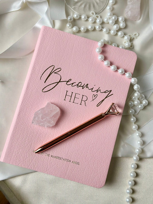 BECOMING HER: Light Pink Manifestation Journal! Limited edition + Rose Quartz Crystal + Fancy Pen (Worth 22.16 eur)